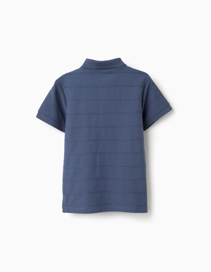 Cotton polo shirt with embossed lines B&S for boys, indigo