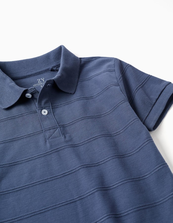 Cotton polo shirt with embossed lines B&S for boys, indigo