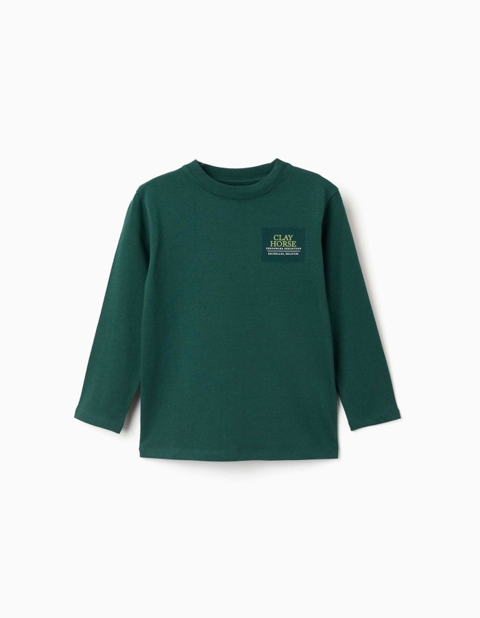 Long sleeve cotton T-shirt with Clay Horse print for boys, green