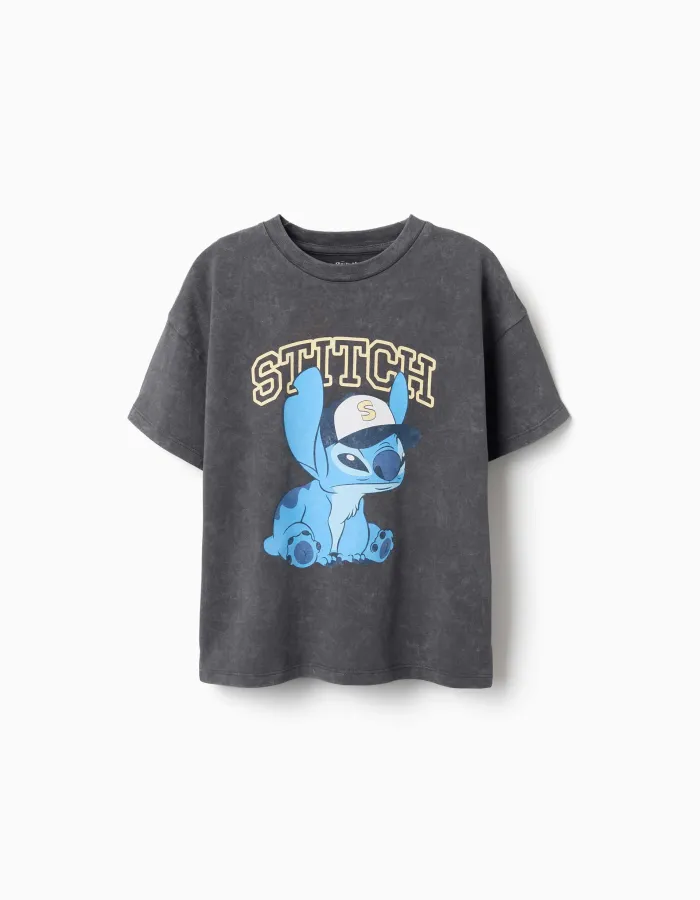 Cotton T-shirt with Stitch print for children, dark grey