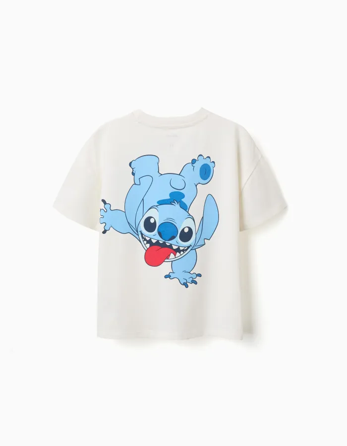 Cotton T-shirt with Stitch prints for children, white