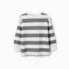 Long sleeve cotton T-shirt with stripes and print for boys, white/green