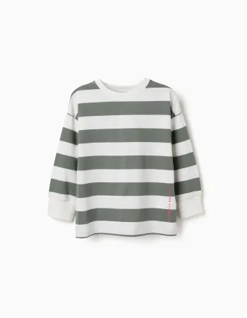 Long sleeve cotton T-shirt with stripes and print for boys, white/green