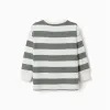 Long sleeve cotton T-shirt with stripes and print for boys, white/green
