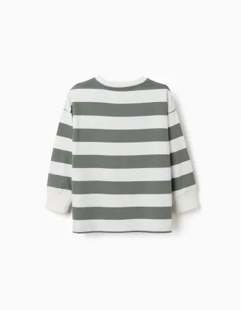 Long sleeve cotton T-shirt with stripes and print for boys, white/green
