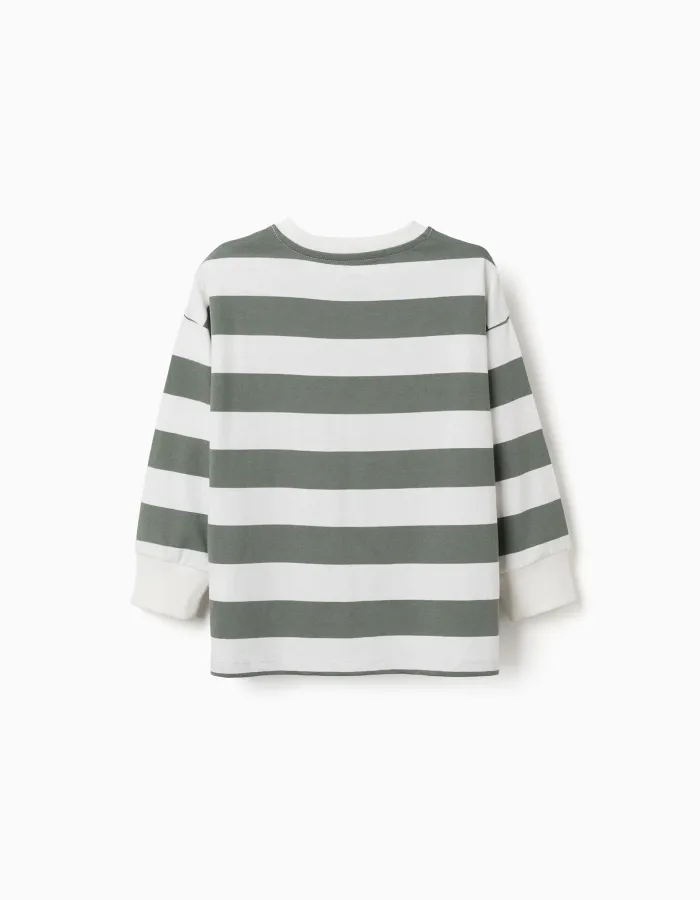 Long sleeve cotton T-shirt with stripes and print for boys, white/green