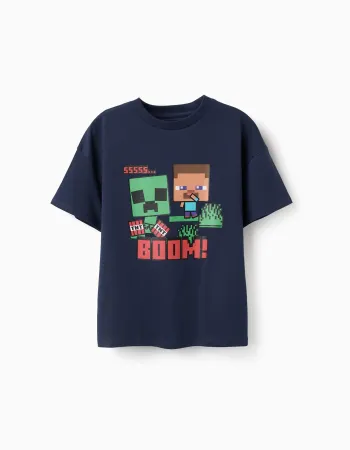 Cotton T-shirt with Minecraft prints for boys, navy blue