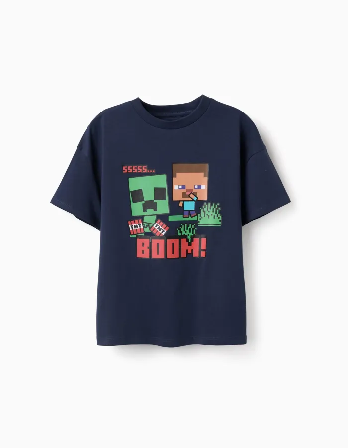 Cotton T-shirt with Minecraft prints for boys, navy blue