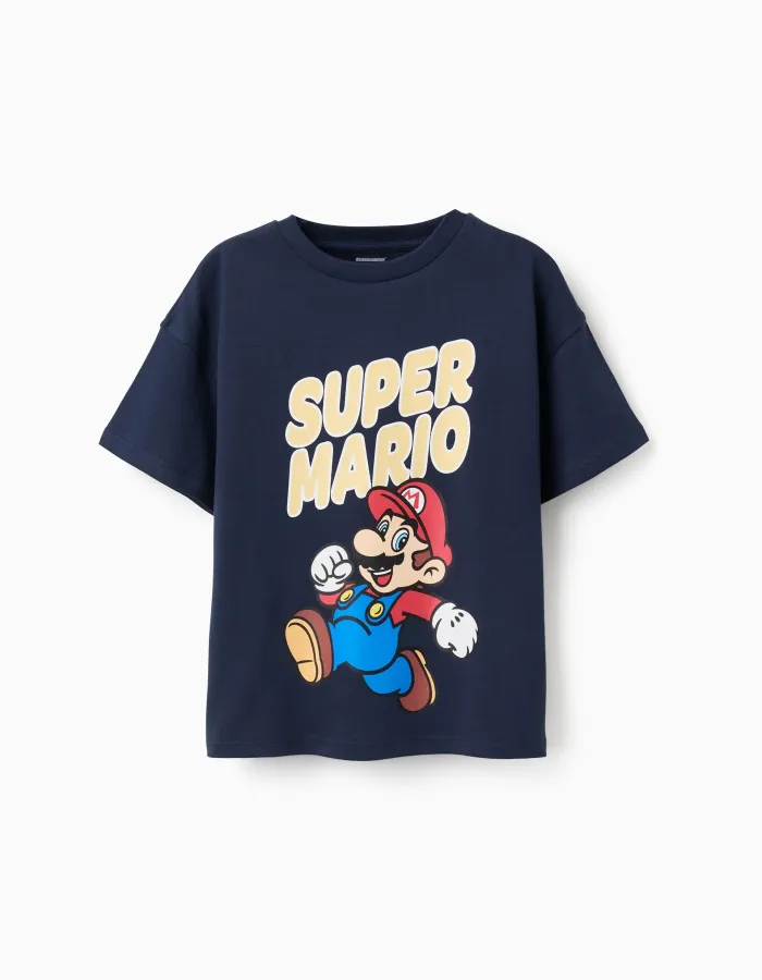 Cotton T-shirt with Super Mario print for boys, navy blue