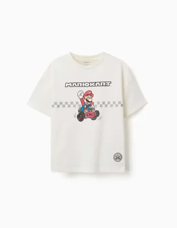 Cotton T-shirt with Mario Kart print for boys, white
