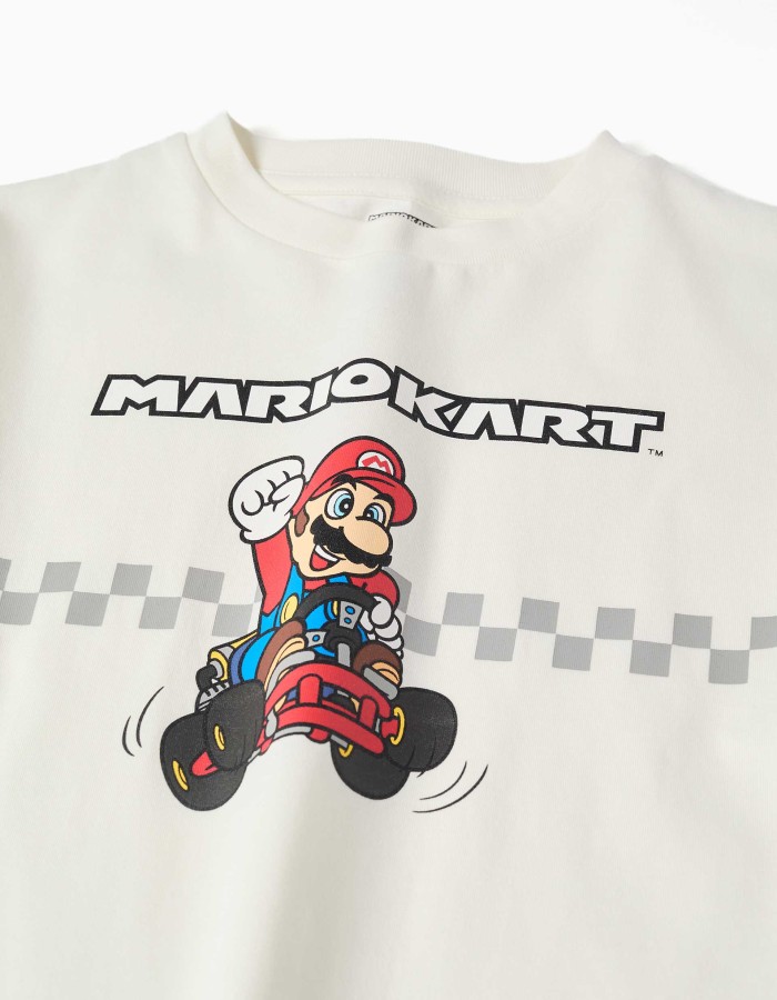 Cotton T-shirt with Mario Kart print for boys, white