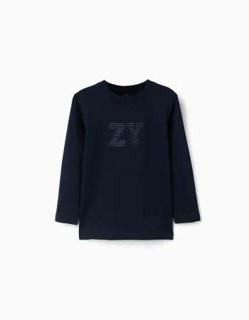 Long sleeve cotton T-shirt with ZY print for boys, navy blue