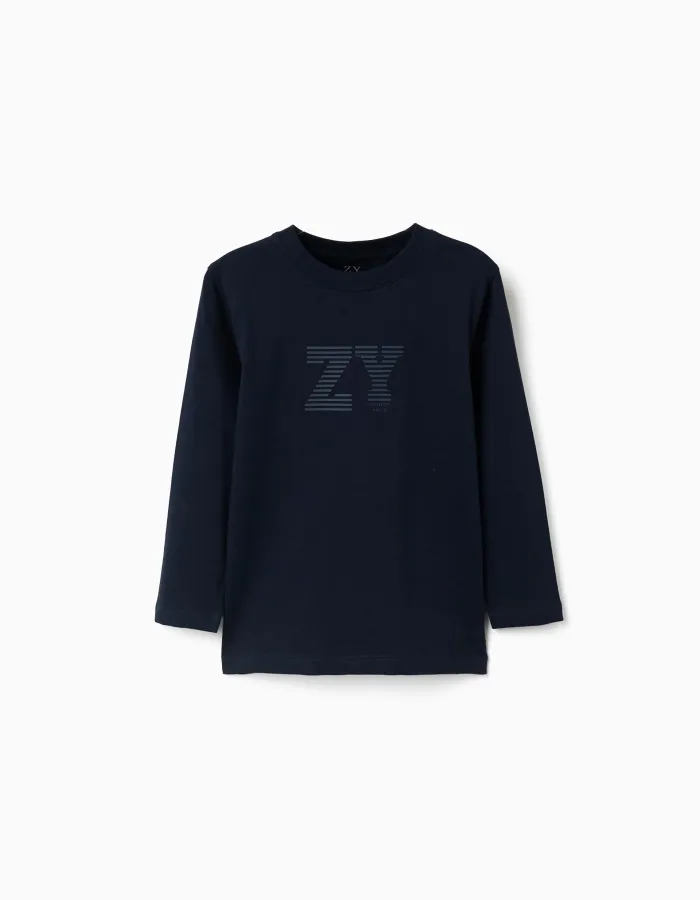 Long sleeve cotton T-shirt with ZY print for boys, navy blue