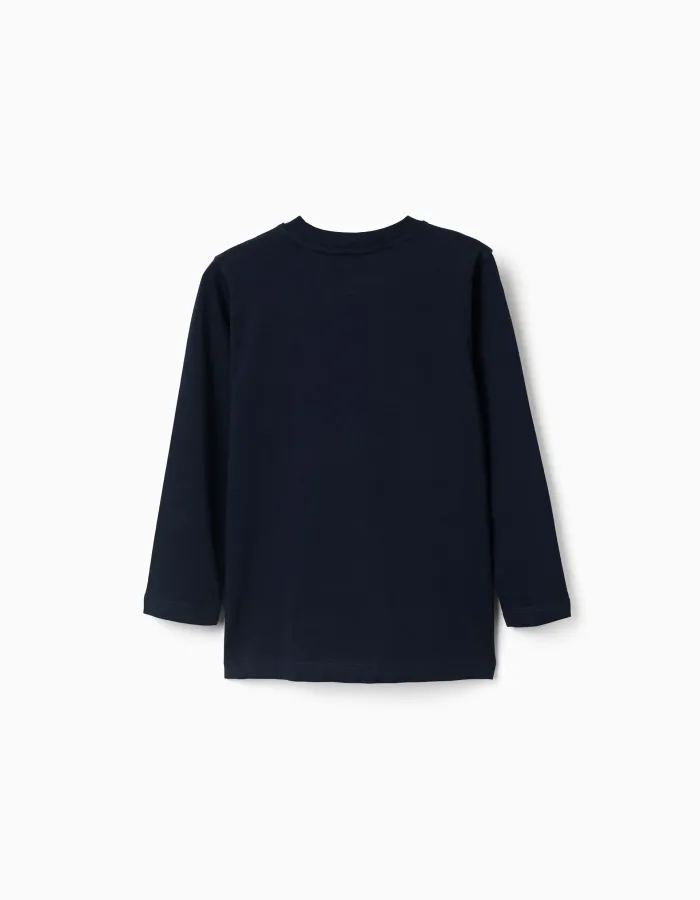 Long sleeve cotton T-shirt with ZY print for boys, navy blue