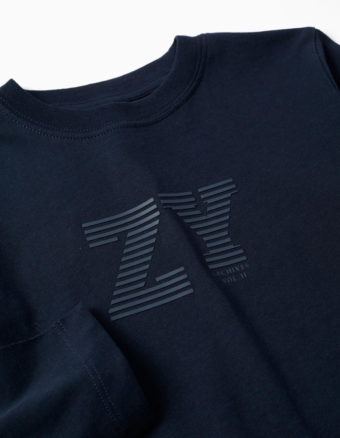 Long sleeve cotton T-shirt with ZY print for boys, navy blue