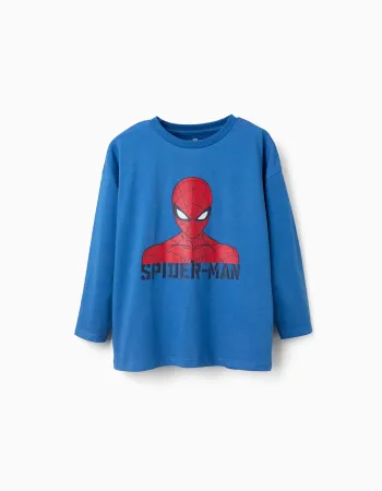 Long sleeve cotton T-shirt with Spider-Man print for boys, blue