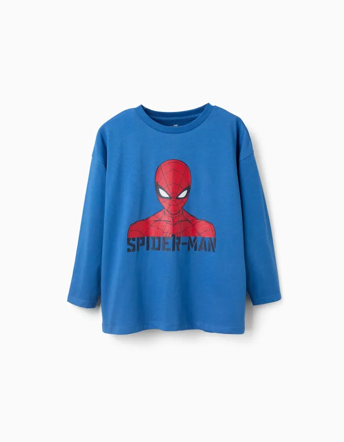 Long sleeve cotton T-shirt with Spider-Man print for boys, blue