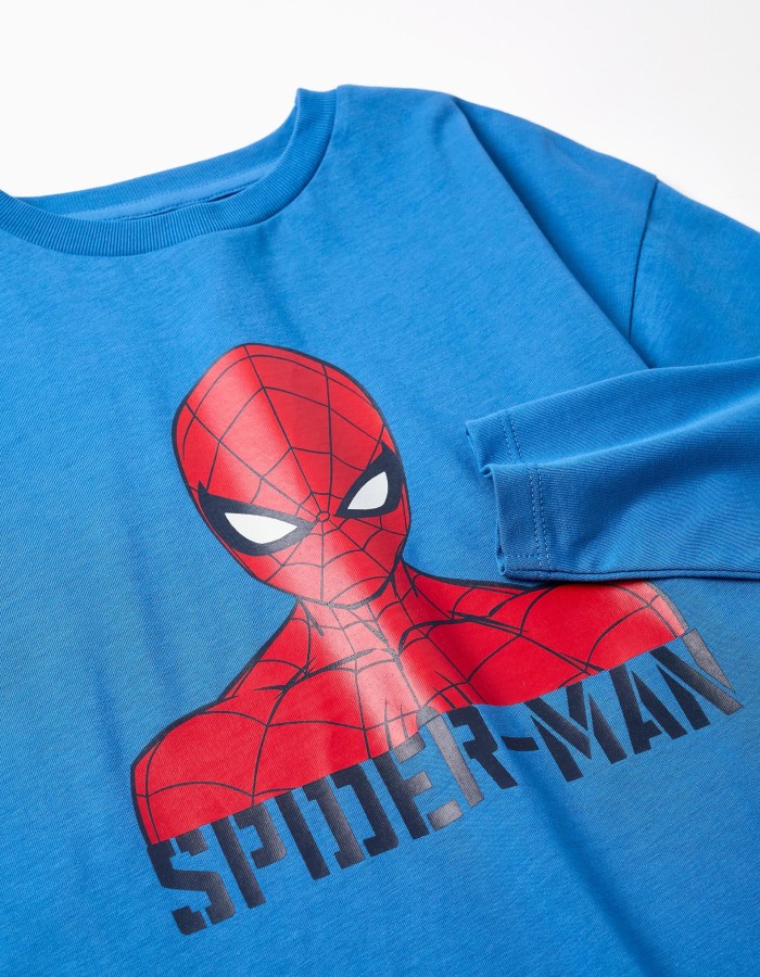 Long sleeve cotton T-shirt with Spider-Man print for boys, blue