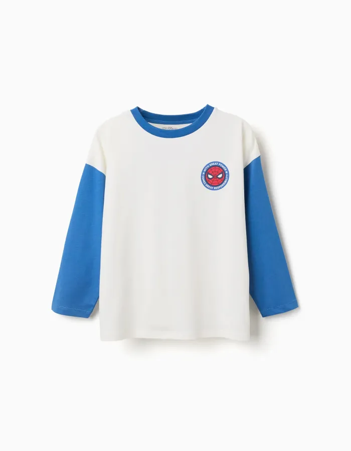 Long sleeve cotton T-shirt with Spider-Man prints for boys, white/blue