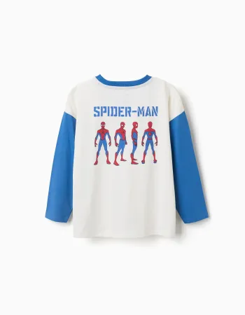 Long sleeve cotton T-shirt with Spider-Man prints for boys, white/blue