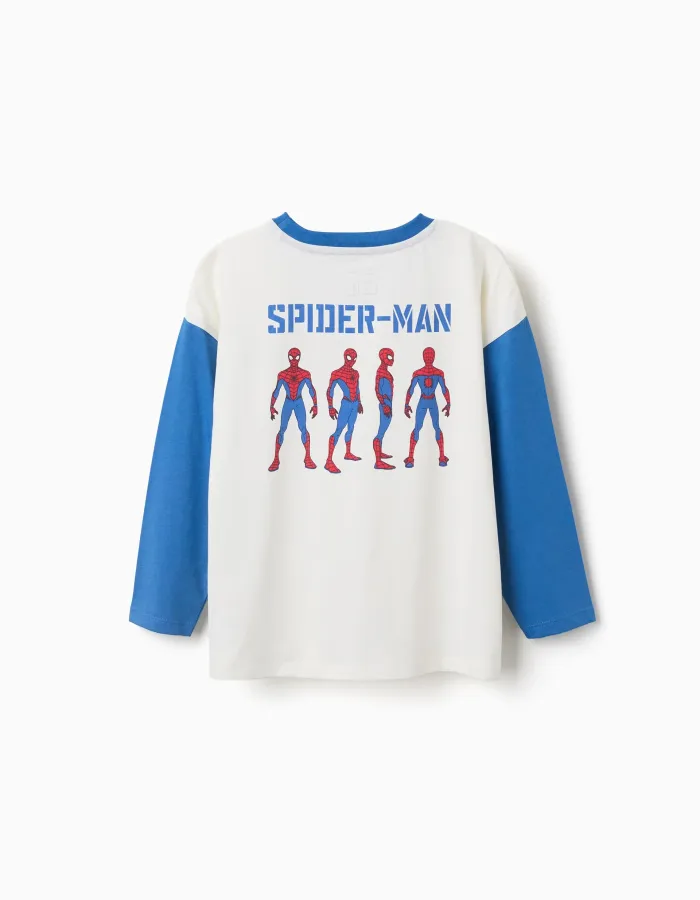 Long sleeve cotton T-shirt with Spider-Man prints for boys, white/blue