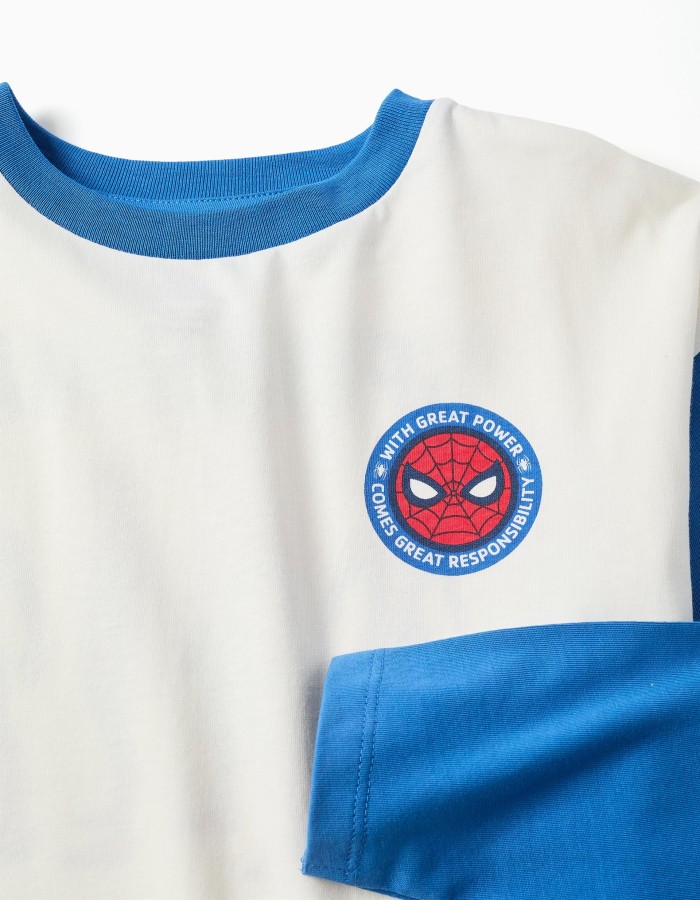 Long sleeve cotton T-shirt with Spider-Man prints for boys, white/blue