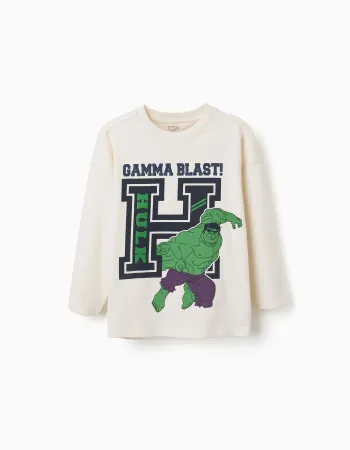 Long sleeve cotton T-shirt with Hulk embossed print for boys, white