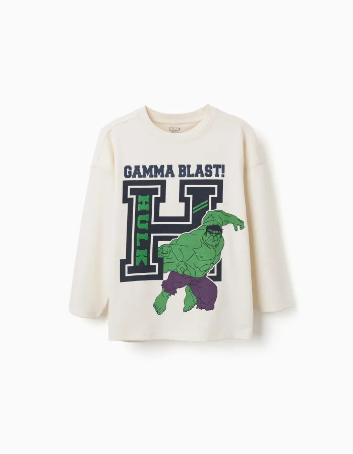 Long sleeve cotton T-shirt with Hulk embossed print for boys, white