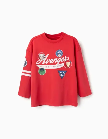 Long sleeve cotton T-shirt with Avengers prints for boys, red