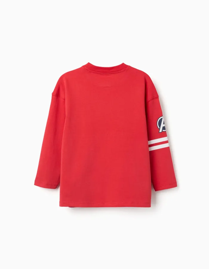 Long sleeve cotton T-shirt with Avengers prints for boys, red