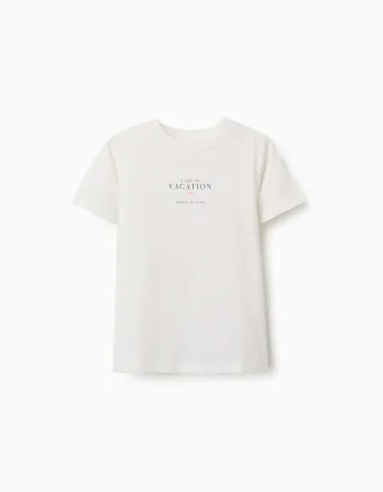 Cotton T-shirt with Vacation print for boys, light beige
