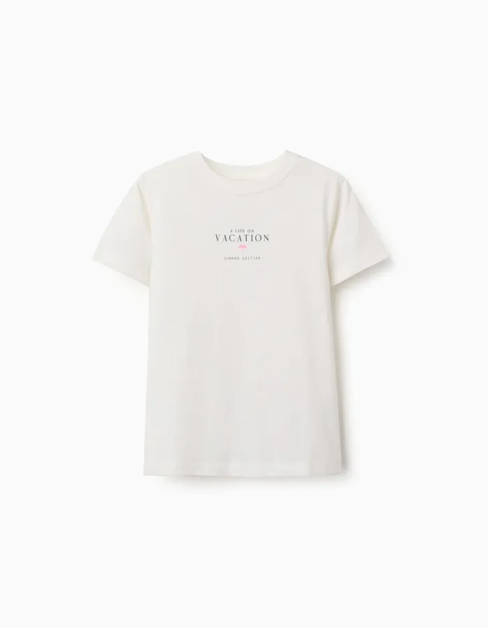 Cotton T-shirt with Vacation print for boys, light beige