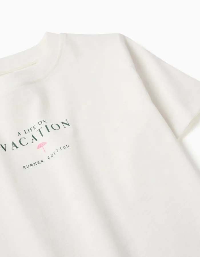 Cotton T-shirt with Vacation print for boys, light beige