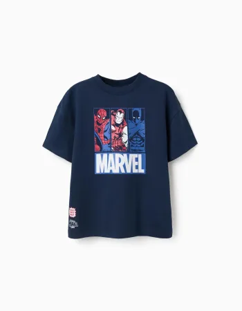 Cotton T-shirt with Marvel prints for boys, navy blue