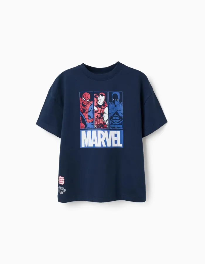 Cotton T-shirt with Marvel prints for boys, navy blue