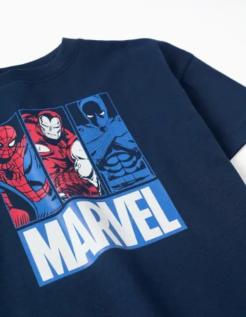 Cotton T-shirt with Marvel prints for boys, navy blue