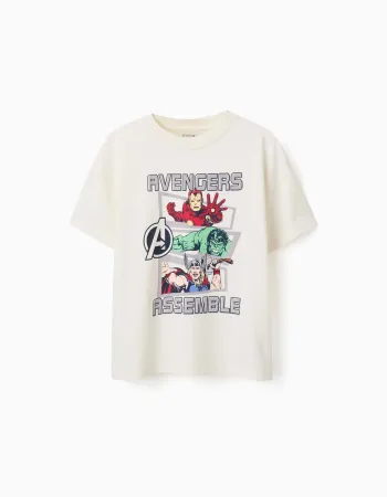 Cotton T-shirt with Avengers front print for boys, white