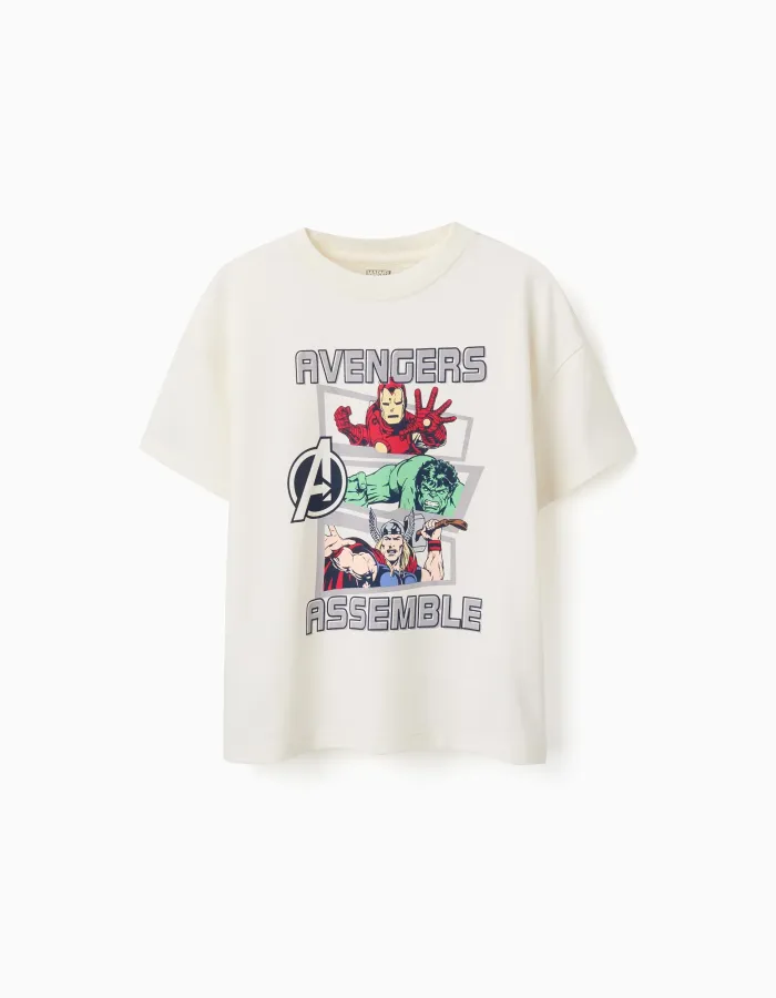 Cotton T-shirt with Avengers front print for boys, white