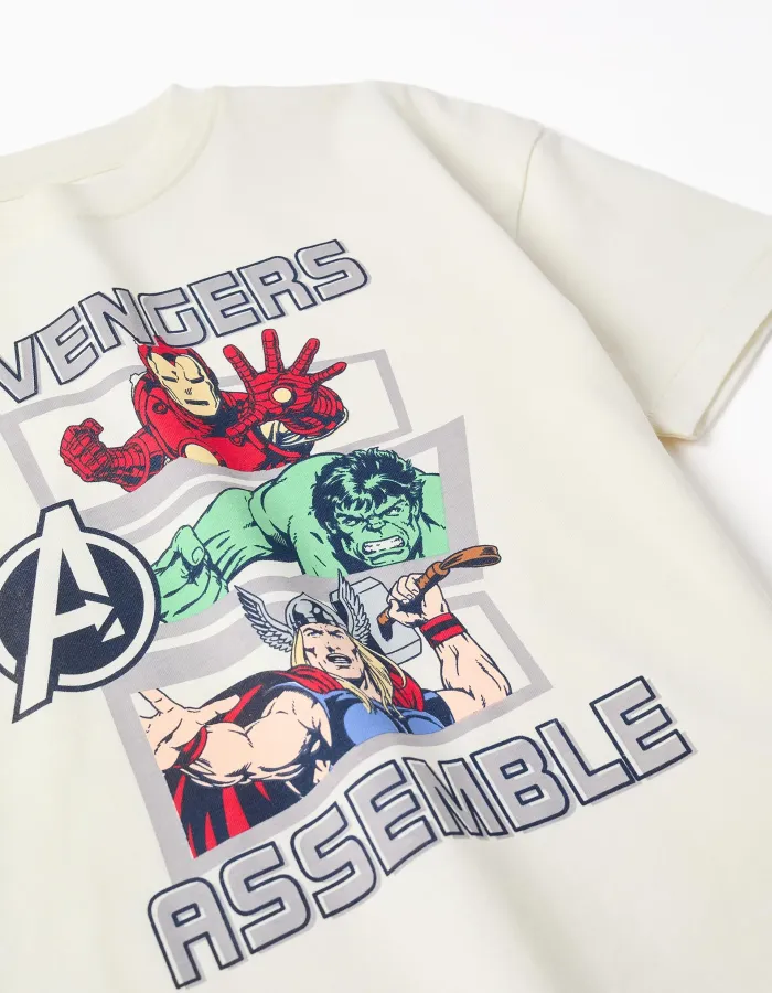 Cotton T-shirt with Avengers front print for boys, white