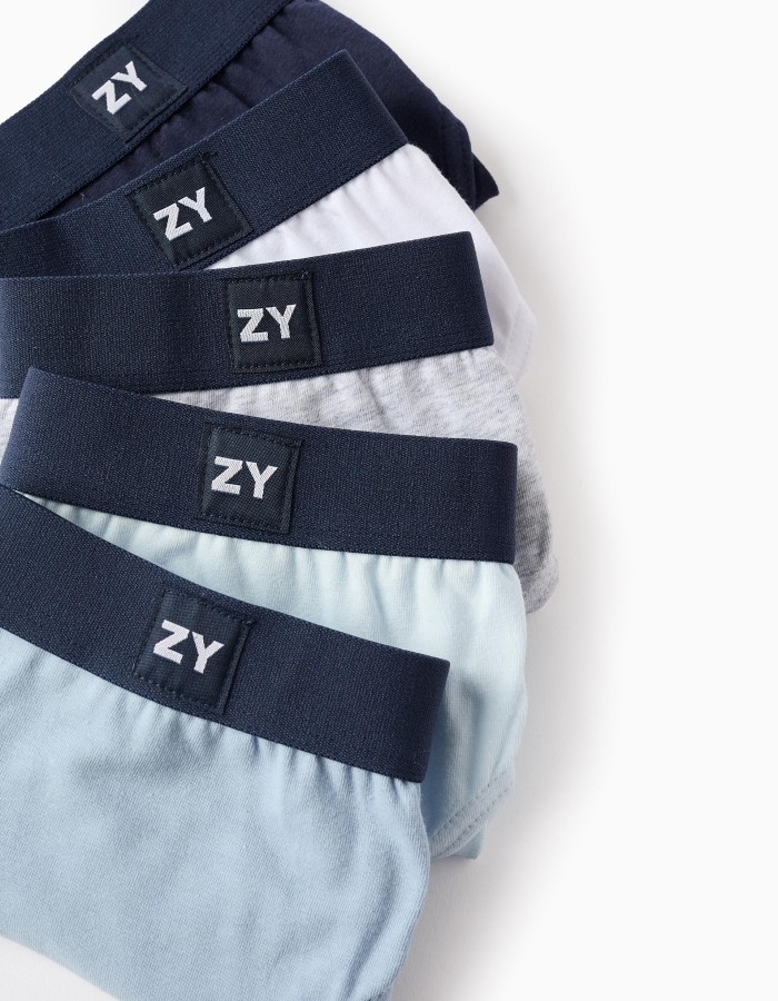 Pack of 5 Plain Briefs for Boys, Blue/White/Grey