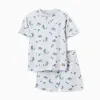 Ribbed cotton pyjamas with alligator motif for boys, grey/green