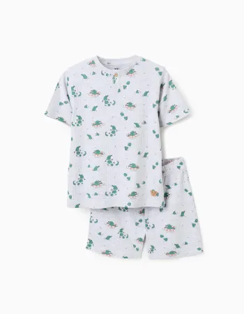 Ribbed cotton pyjamas with alligator motif for boys, grey/green