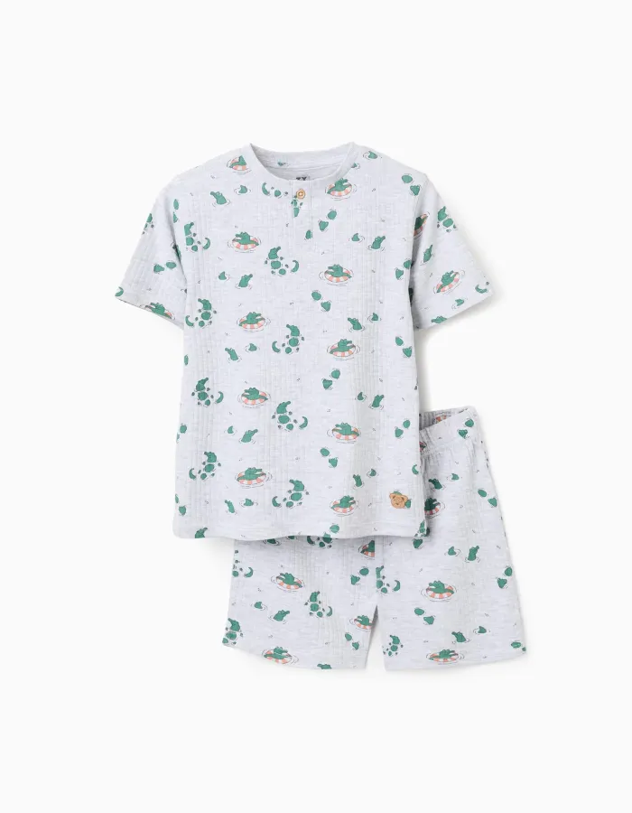 Ribbed cotton pyjamas with alligator motif for boys, grey/green
