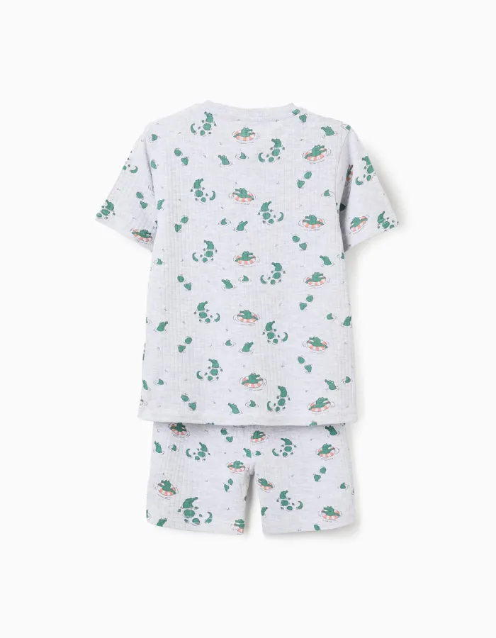 Ribbed cotton pyjamas with alligator motif for boys, grey/green