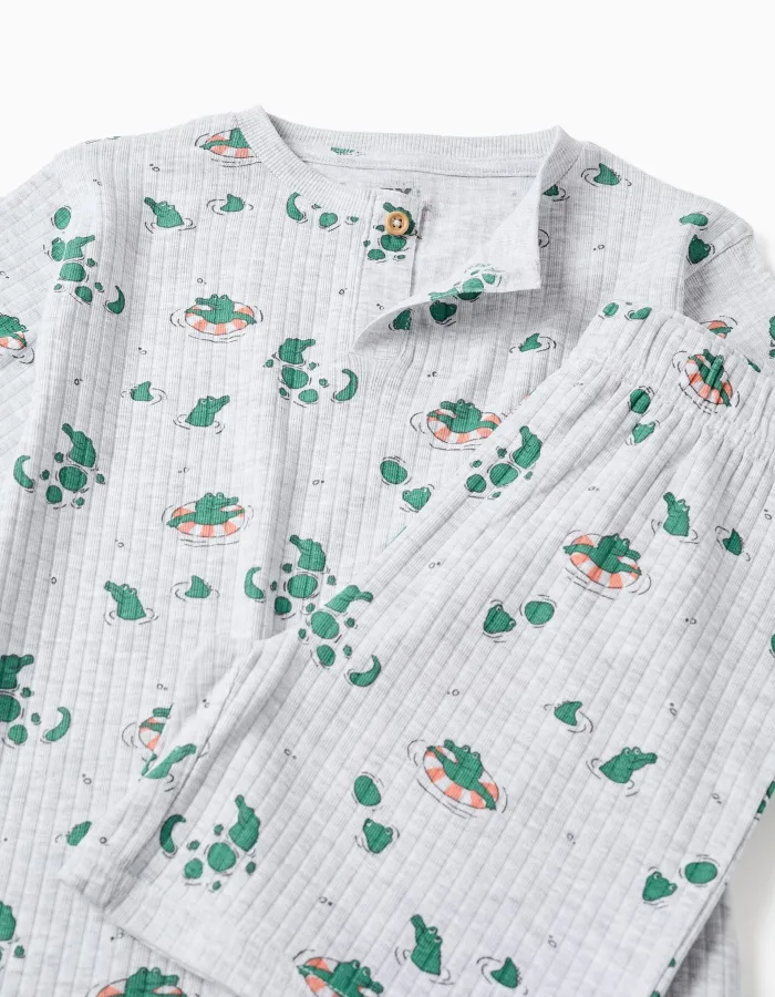 Ribbed cotton pyjamas with alligator motif for boys, grey/green