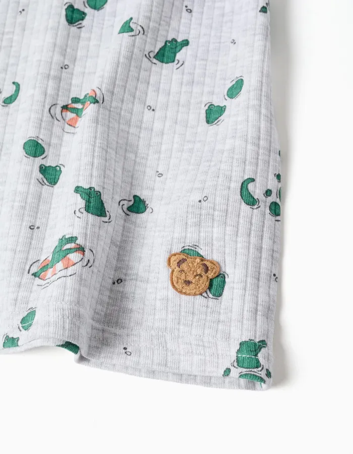 Ribbed cotton pyjamas with alligator motif for boys, grey/green