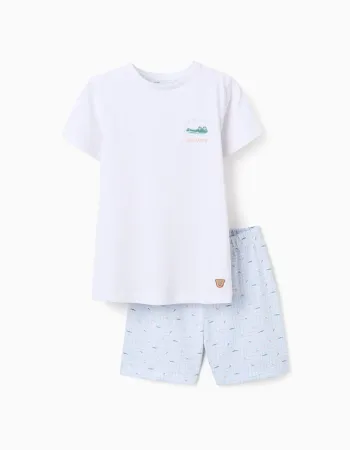 Short sleeve cotton pyjamas with alligator prints for boys, white