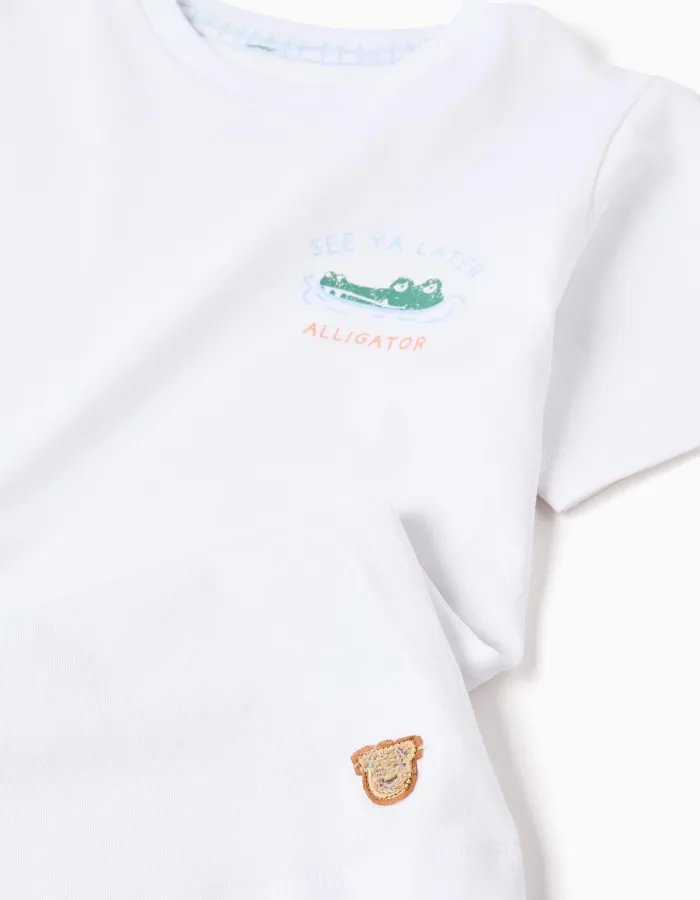 Short sleeve cotton pyjamas with alligator prints for boys, white
