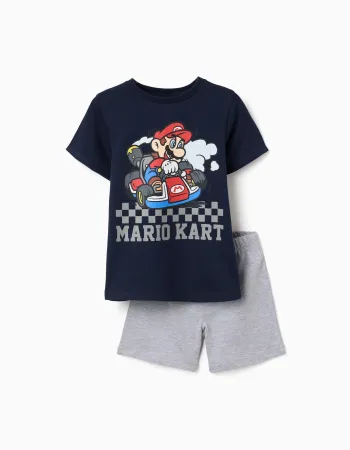 Short sleeve cotton pyjamas with Mario Kart print for boys, blue/grey
