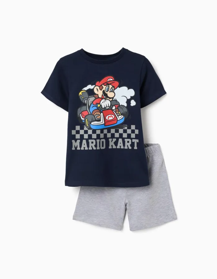 Short sleeve cotton pyjamas with Mario Kart print for boys, blue/grey